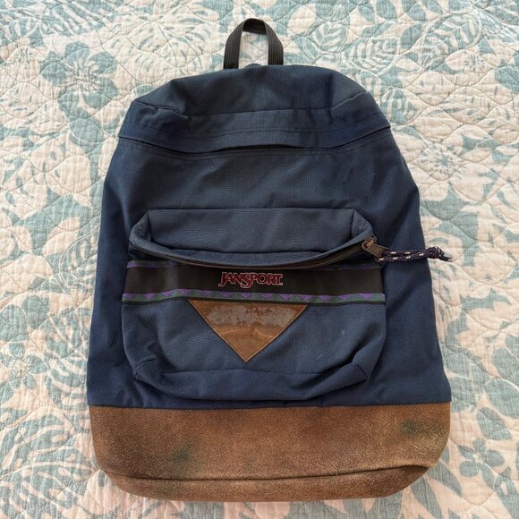 Vintage JanSport Navy Blue & Brown Canvas Backpack Made in the USA - Picture 1 of 5